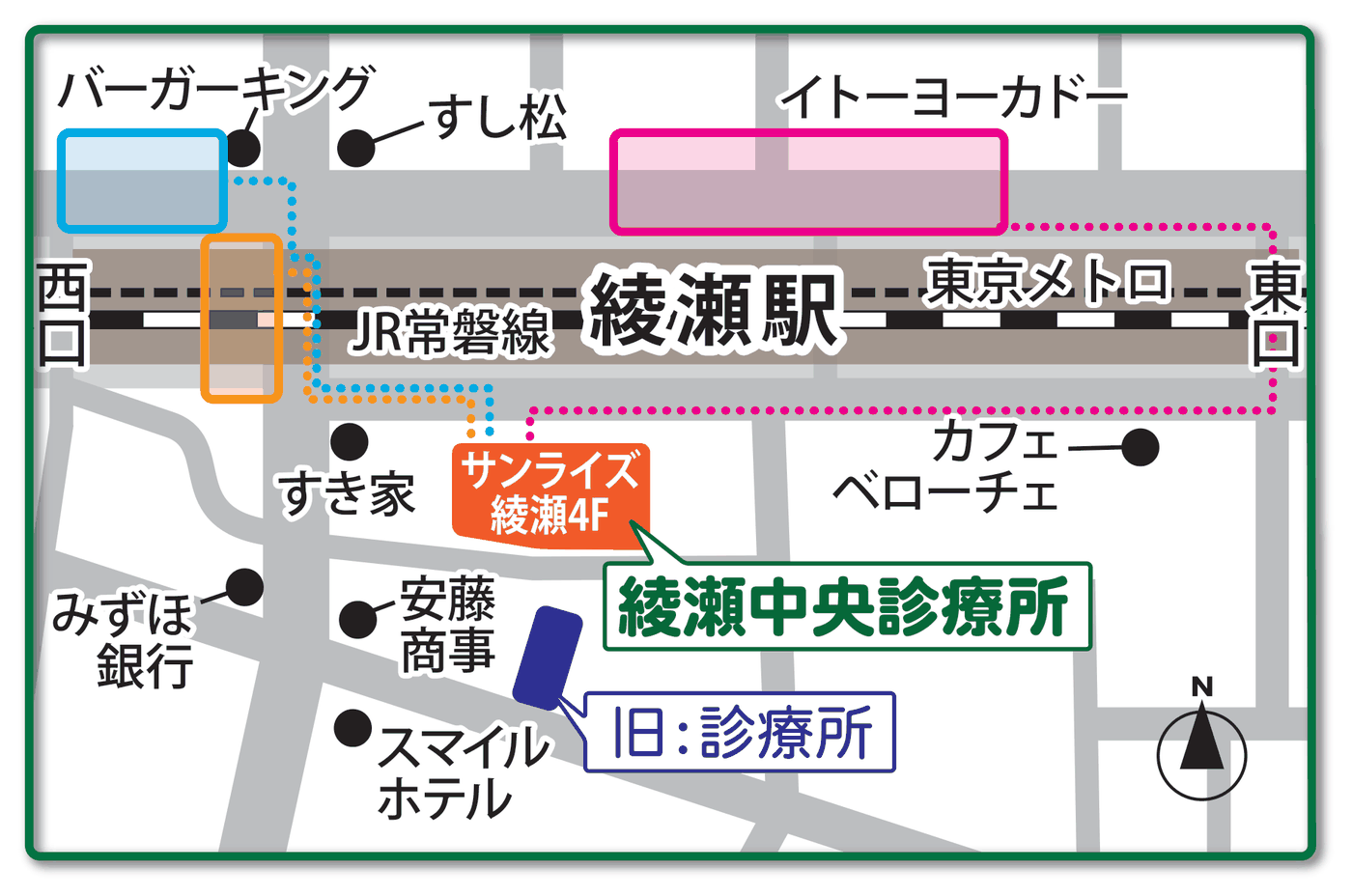綾瀬駅のバス乗り場から綾瀬中央診療所（サンライズ綾瀬4階）へのルート地図