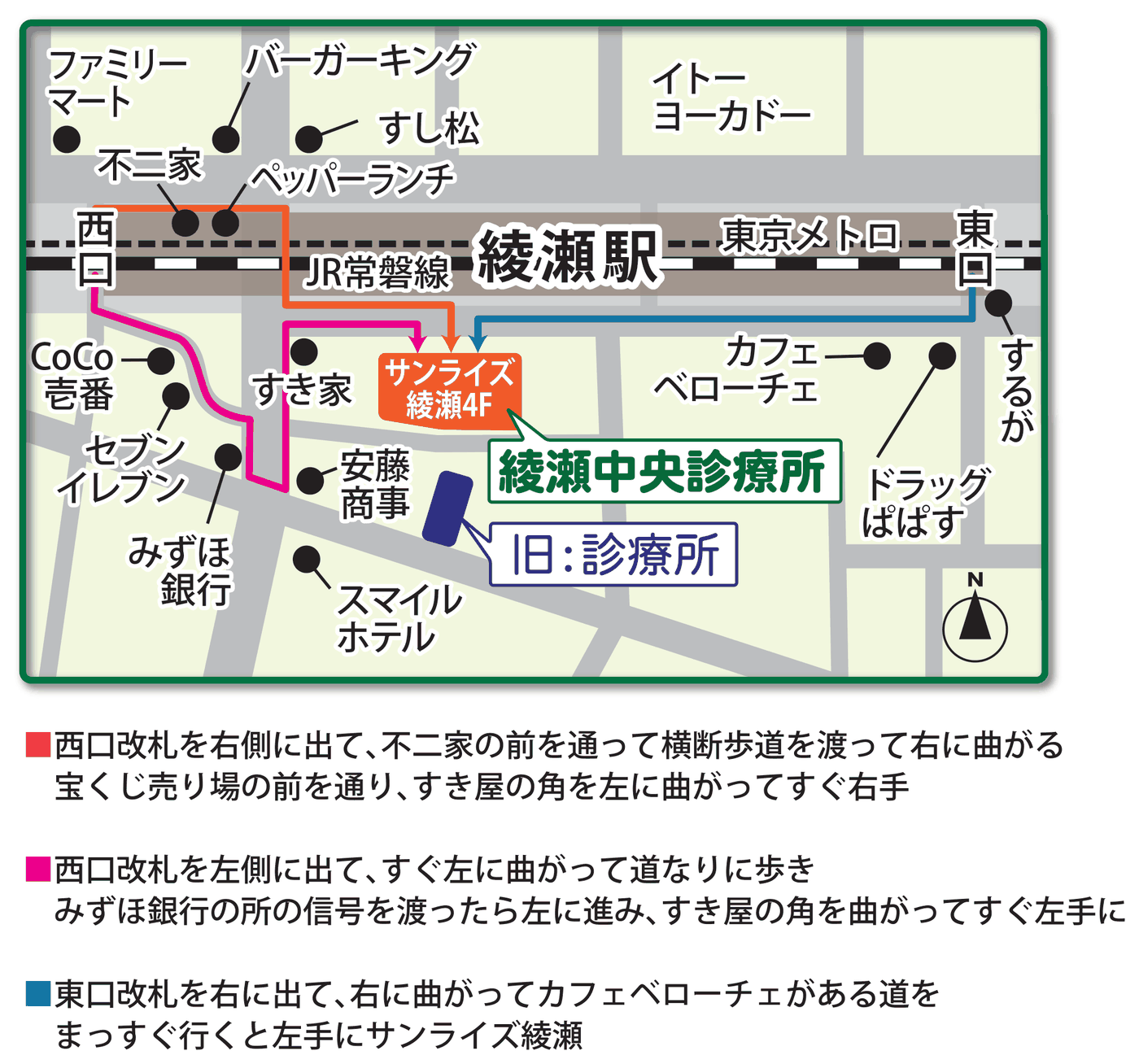 綾瀬駅西口・東口から綾瀬中央診療所（サンライズ綾瀬4階）への徒歩ルート地図