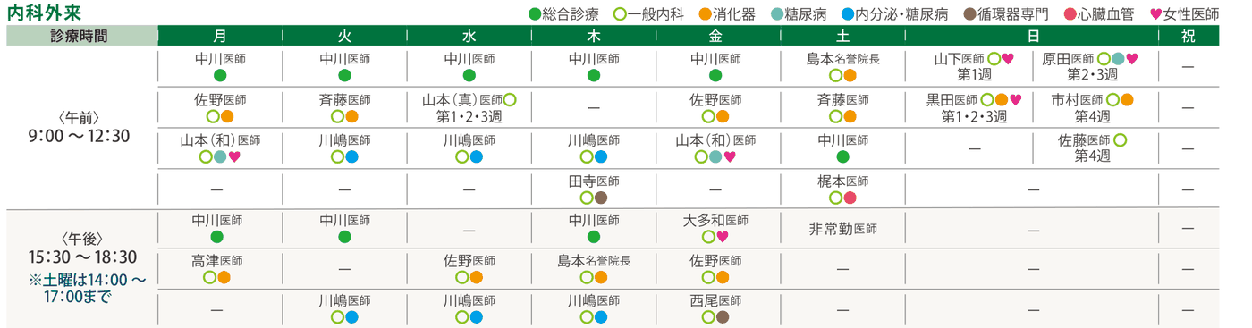 内科外来 担当医表(2026年8月時点)
