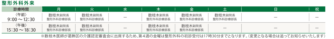 整形外科外来 担当医表(2026年8月時点)